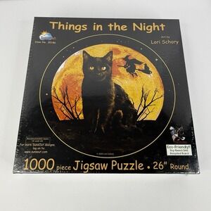 SunsOut Round Jigsaw Puzzle Things In The Night Halloween Witch Black Cat Sealed